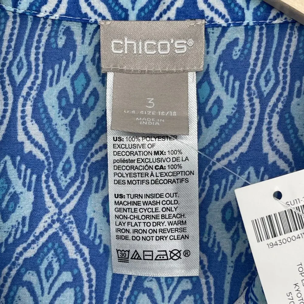 CHICOS Tunic 3 XL Chiffon Seaside Scroll Kurta Embellished Long Sleeve Blue NEW - Picture 10 of 14